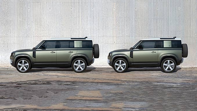 Small and long wheelbase Defenders side on profile
