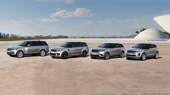 The Range Rover family of vehicles lined up next to each other